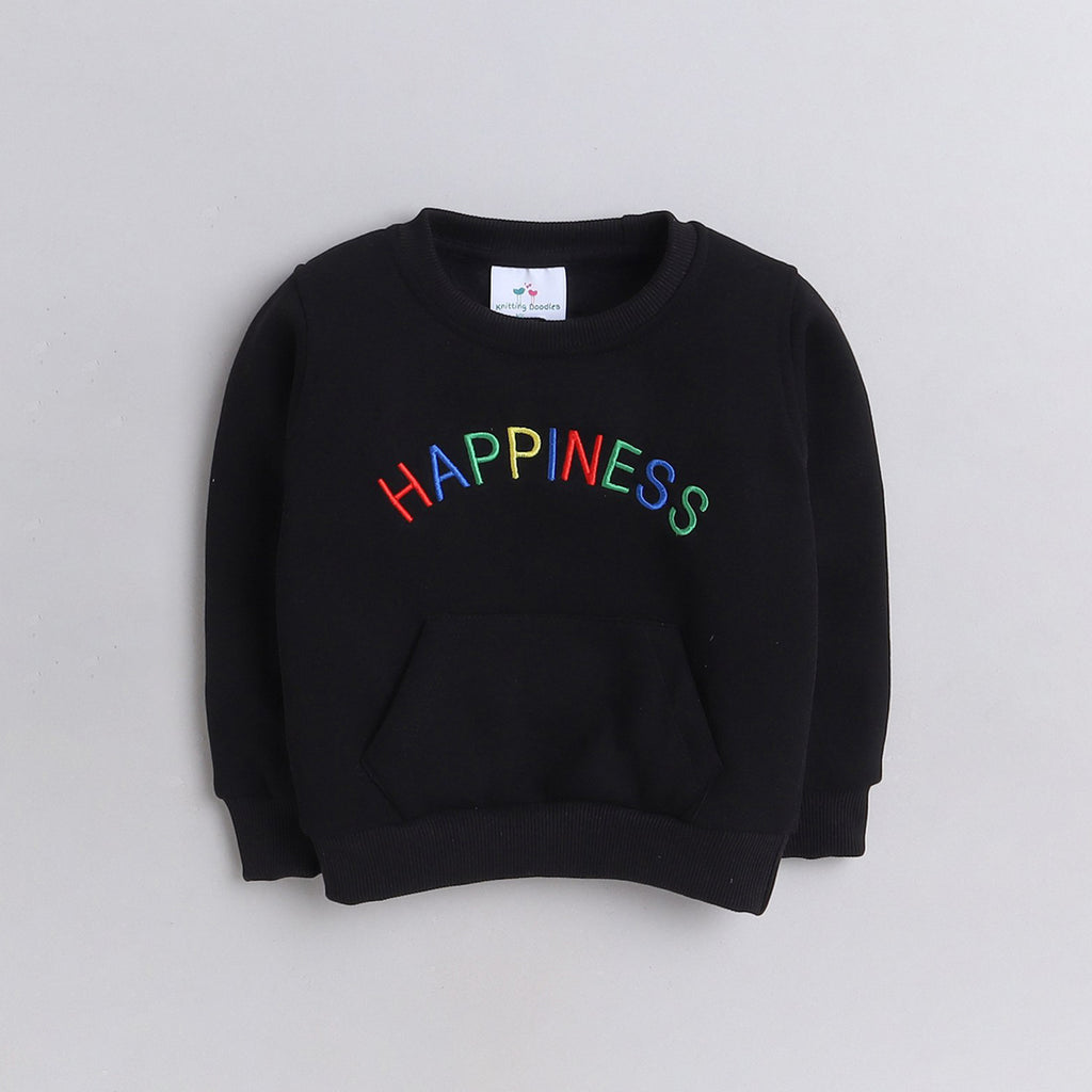 Unisex Full Sleeves Placement Happiness Text Embroidered Warm Fleece Sweatshirt  - Black