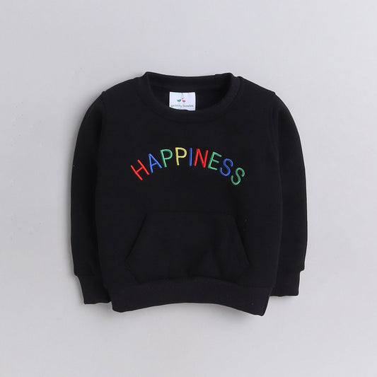 Unisex Full Sleeves Placement Happiness Text Embroidered Warm Fleece Joggers Set - Black