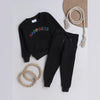 Unisex Full Sleeves Placement Happiness Text Embroidered Warm Fleece Joggers Set - Black