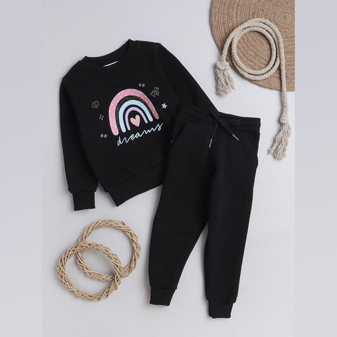 Unisex Full Sleeves Placement Rainbow Printed Warm Fleece Joggers Set - Black