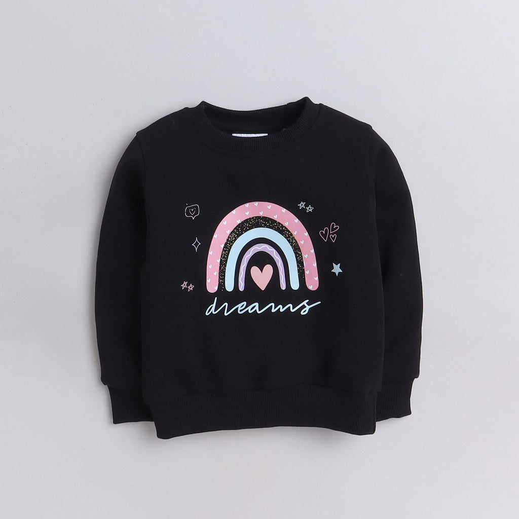 Unisex Full Sleeves Placement Rainbow Printed Warm Fleece Sweatshirt - Black