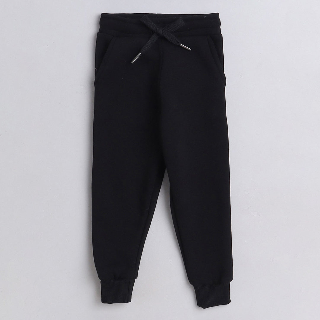 Unisex Full Sleeves Placement Rainbow Printed Warm Fleece Joggers Set - Black