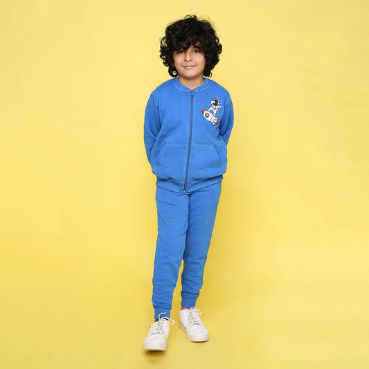 Full Sleeves Placement Rocket Printed Warm Fleece Sweatshirt & Joggers Set - Blue