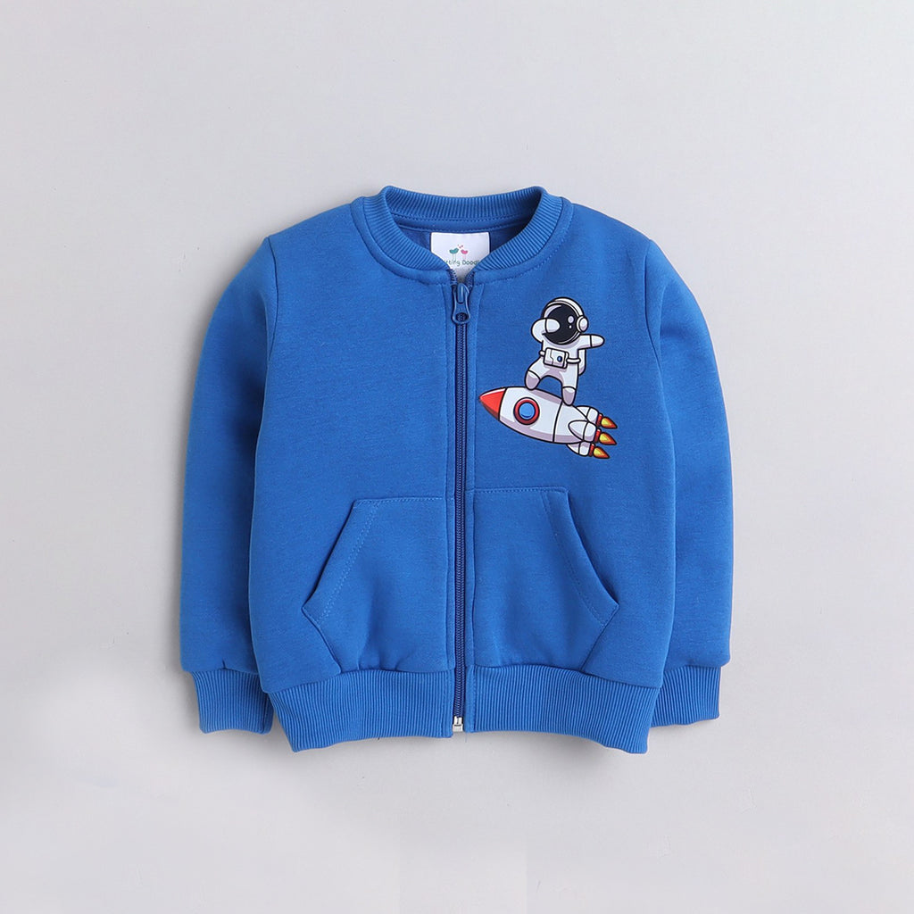 Full Sleeves Placement Rocket Printed Warm Fleece Sweatshirt - Blue