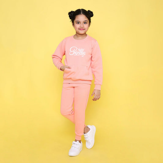 Full Sleeves Princess Text Printed Warm Fleece Sweatshirt & Joggers - Peach