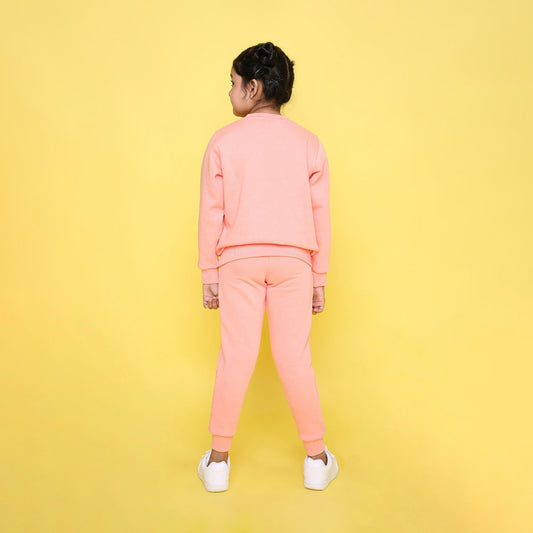 Full Sleeves Princess Text Printed Warm Fleece Sweatshirt & Joggers - Peach