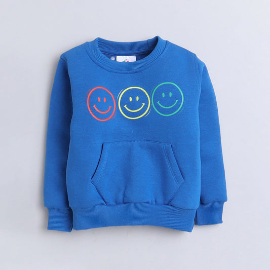 Unisex Full Sleeves Smiley Faces Printed Warm Fleece Sweatshirt - Blue