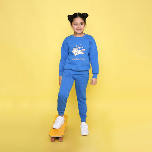 Full Sleeves Unicorn Printed Warm Fleece Sweatshirt & Joggers Set - Blue