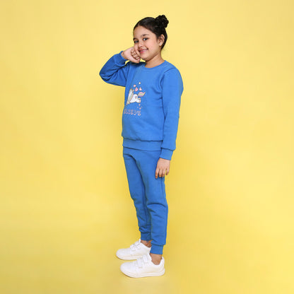 Full Sleeves Unicorn Printed Warm Fleece Sweatshirt & Joggers Set - Blue