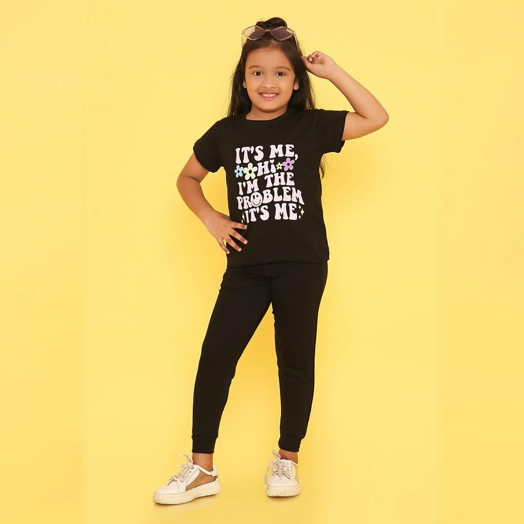 Girls Black Printed Terry Jogger Set
