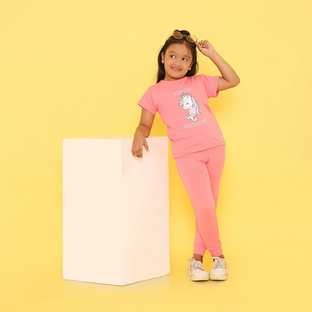 Girls Pink Unicorn Printed Terry Jogger Set