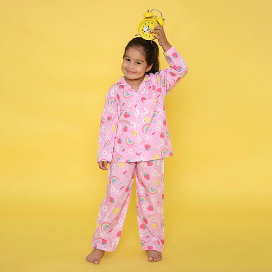 Girls Printed Rainbows And Flowers Pure Cotton Night suit