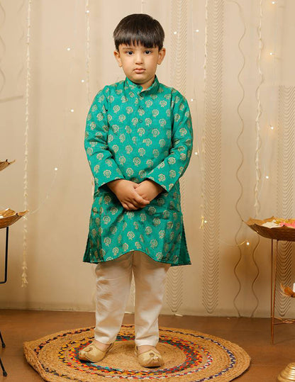 Green and Off White Block Printed Kurta Pyjama Set