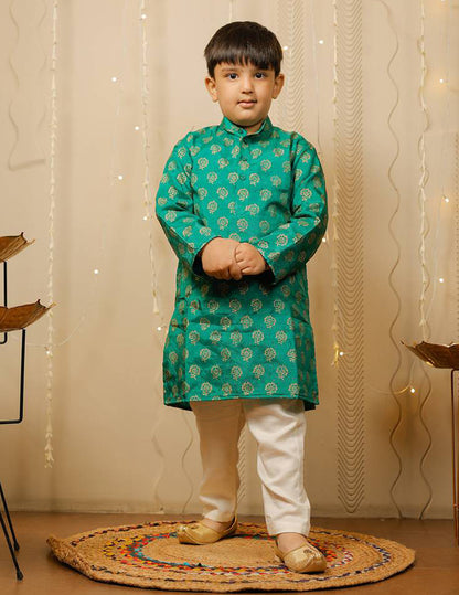 Green and Off White Block Printed Kurta Pyjama Set