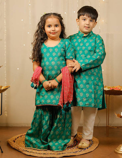 Green and Off White Block Printed Kurta Pyjama Set