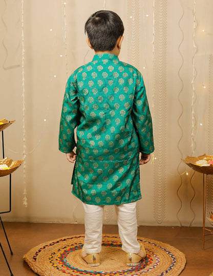 Green and Off White Block Printed Kurta Pyjama Set