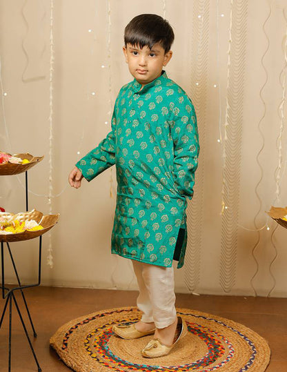 Green and Off White Block Printed Kurta Pyjama Set