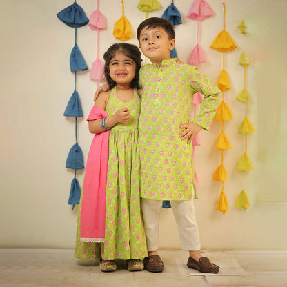 Green Full Length Block Printed Kurti with Dupatta