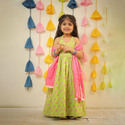 Green Full Length Block Printed Kurti with Dupatta