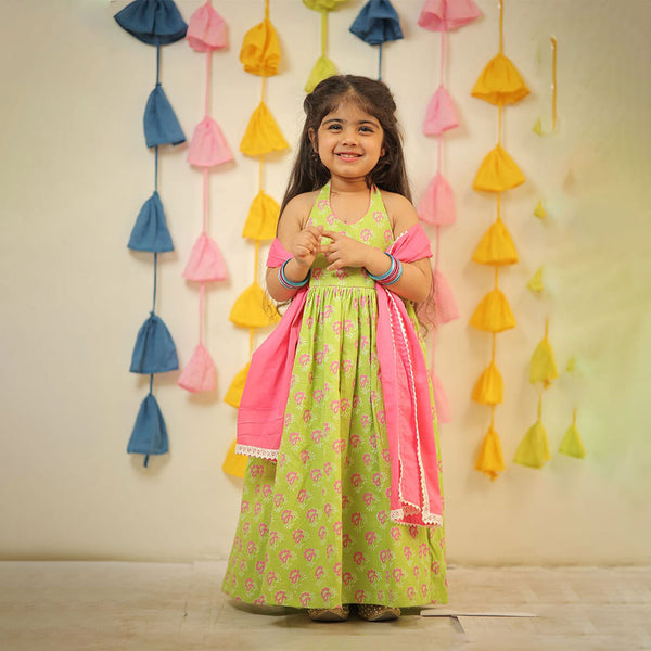 Green Full Length Block Printed Kurti with Dupatta