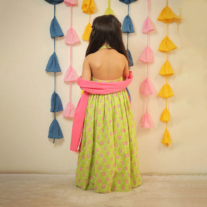 Green Full Length Block Printed Kurti with Dupatta