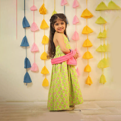 Green Full Length Block Printed Kurti with Dupatta