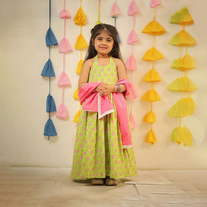 Green Full Length Block Printed Kurti with Dupatta