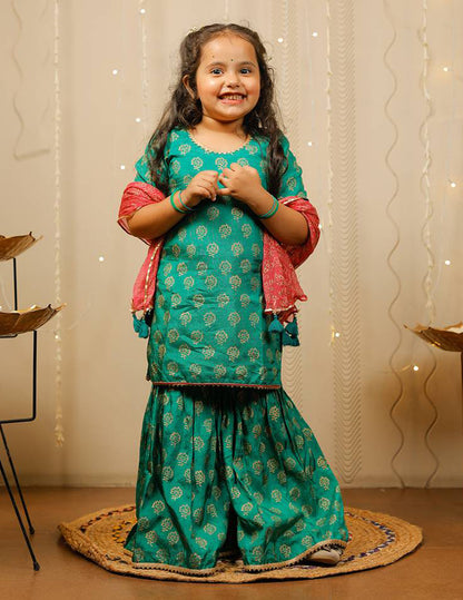 Green Block Printed Kurta with Sharara Set with Pink Dupatta