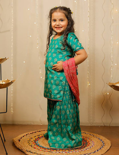 Green Block Printed Kurta with Sharara Set with Pink Dupatta