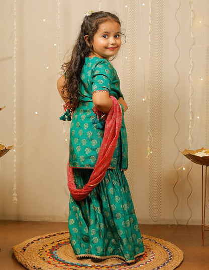 Green Block Printed Kurta with Sharara Set with Pink Dupatta