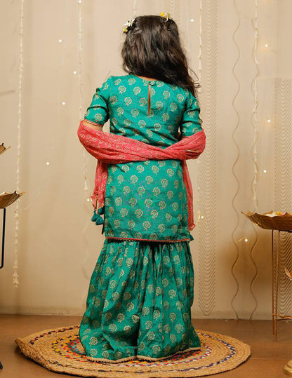 Green Block Printed Kurta with Sharara Set with Pink Dupatta