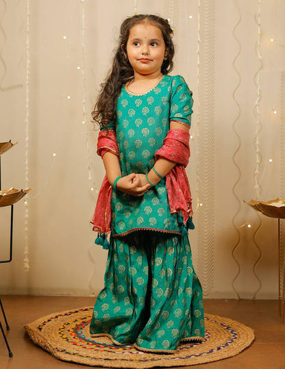 Green Block Printed Kurta with Sharara Set with Pink Dupatta
