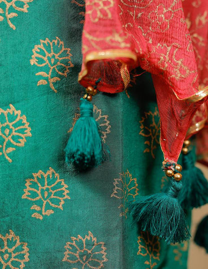 Green Block Printed Kurta with Sharara Set with Pink Dupatta