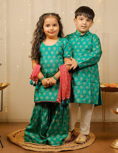 Green Block Printed Kurta with Sharara Set with Pink Dupatta