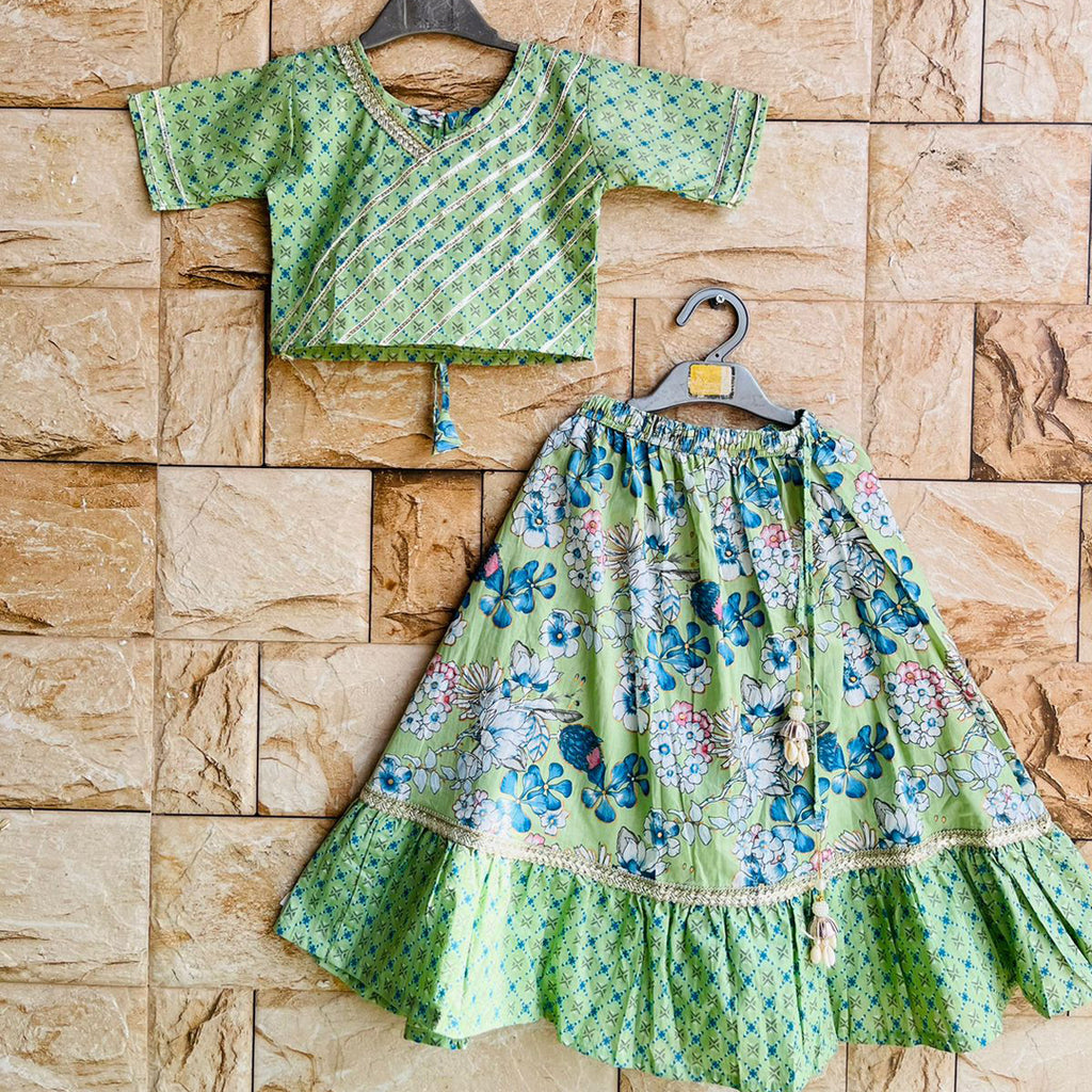 Green Floral Lehenga Paired Crop Top And Gota
