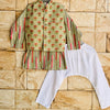 Green Motif Bundi Set with Striped Kurta and White Pyjama for Boys