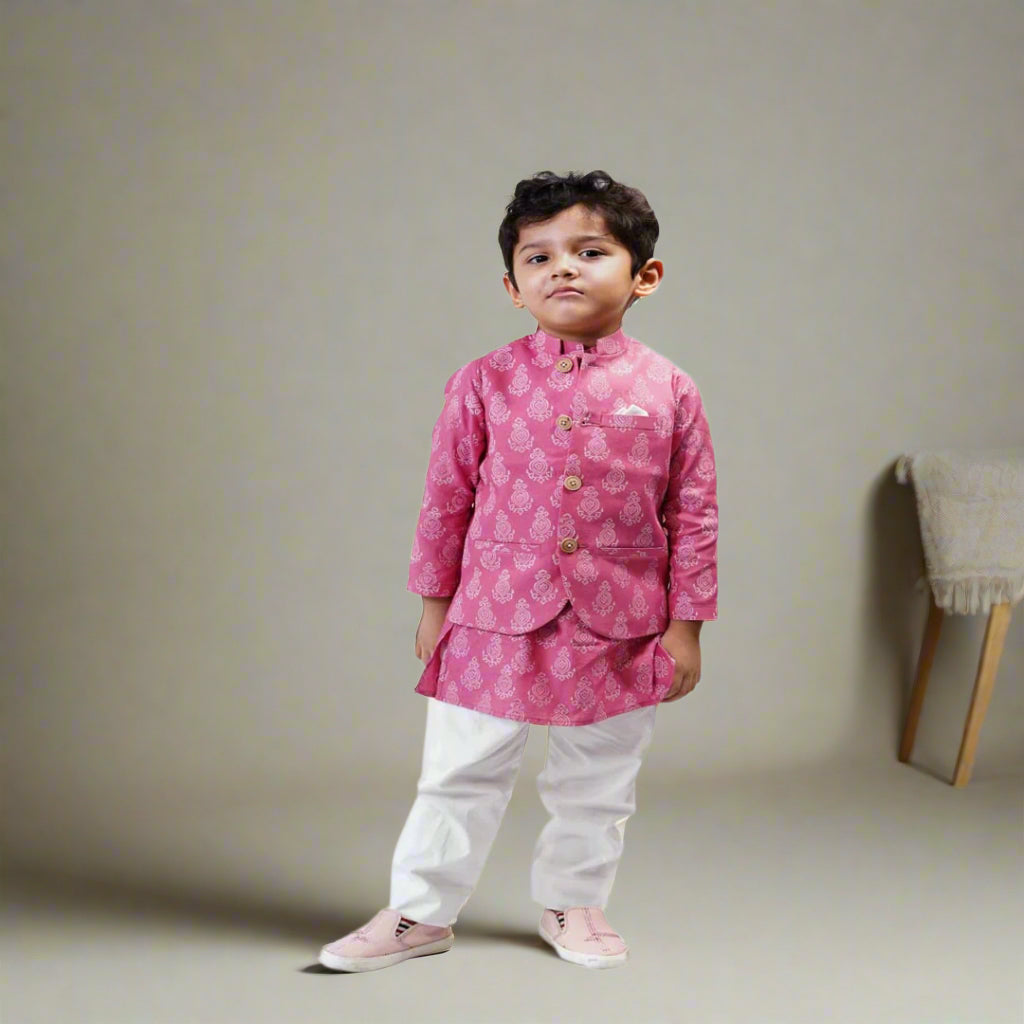 Gulbis Glazed Cotton Kurta Pajama with Bundi Jacket for Boys