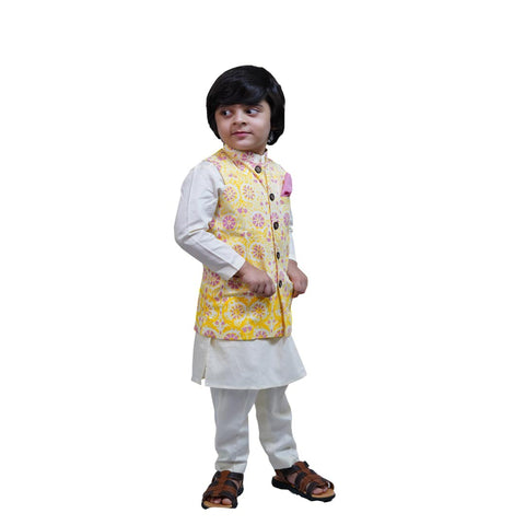 Ivory Kurta Pajama With Printed Bundi