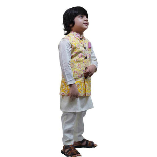 Ivory Kurta Pajama With Printed Bundi