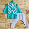 Blue Cotton Silk Kurta Pyjama Set for Boys with Block Printed Chanderi Jacket