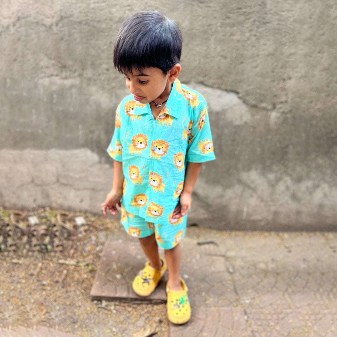 Ocean Blue Cotton Lion Co-ord Set for Boys