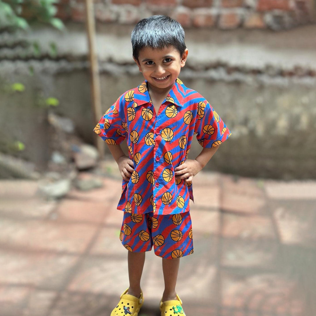 Red Blue Cotton Basketball Co-ord Set for Boys