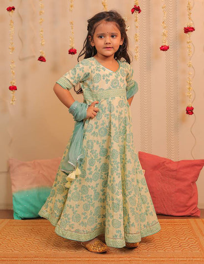 Lemon Yellow and Aqua Blue Block Printed Full Length Kurta with Dupatta
