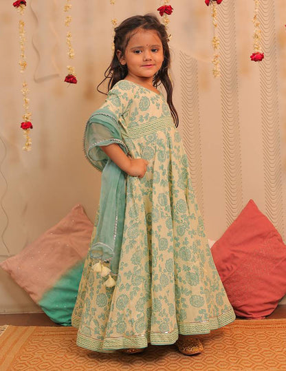 Lemon Yellow and Aqua Blue Block Printed Full Length Kurta with Dupatta