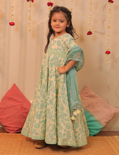 Lemon Yellow and Aqua Blue Block Printed Full Length Kurta with Dupatta