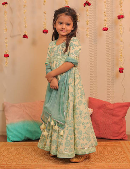 Lemon Yellow and Aqua Blue Block Printed Full Length Kurta with Dupatta