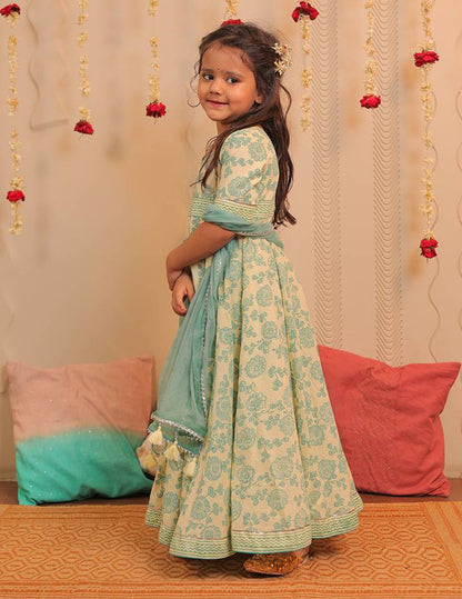 Lemon Yellow and Aqua Blue Block Printed Full Length Kurta with Dupatta