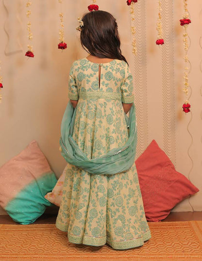 Lemon Yellow and Aqua Blue Block Printed Full Length Kurta with Dupatta