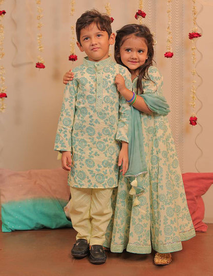 Lemon Yellow and Aqua Blue Block Printed Full Length Kurta with Dupatta