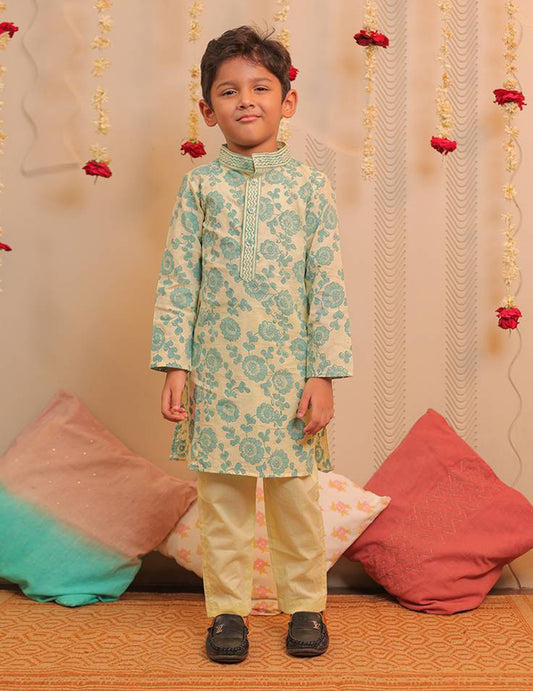 Lemon Yellow And Aqua Blue Kurta Pyjama